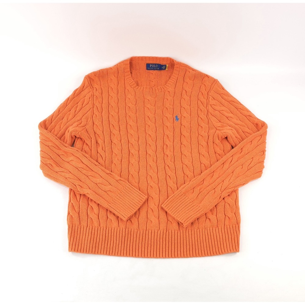 Polo Ralph Lauren Sweater Mens M Orange Cotton Cable Knit Crewneck Pullover